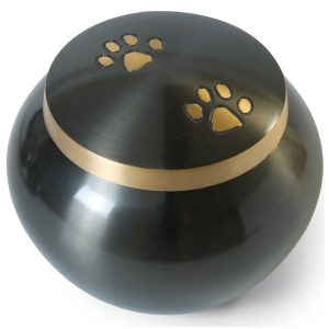 brushed metal urn with pawprint motif